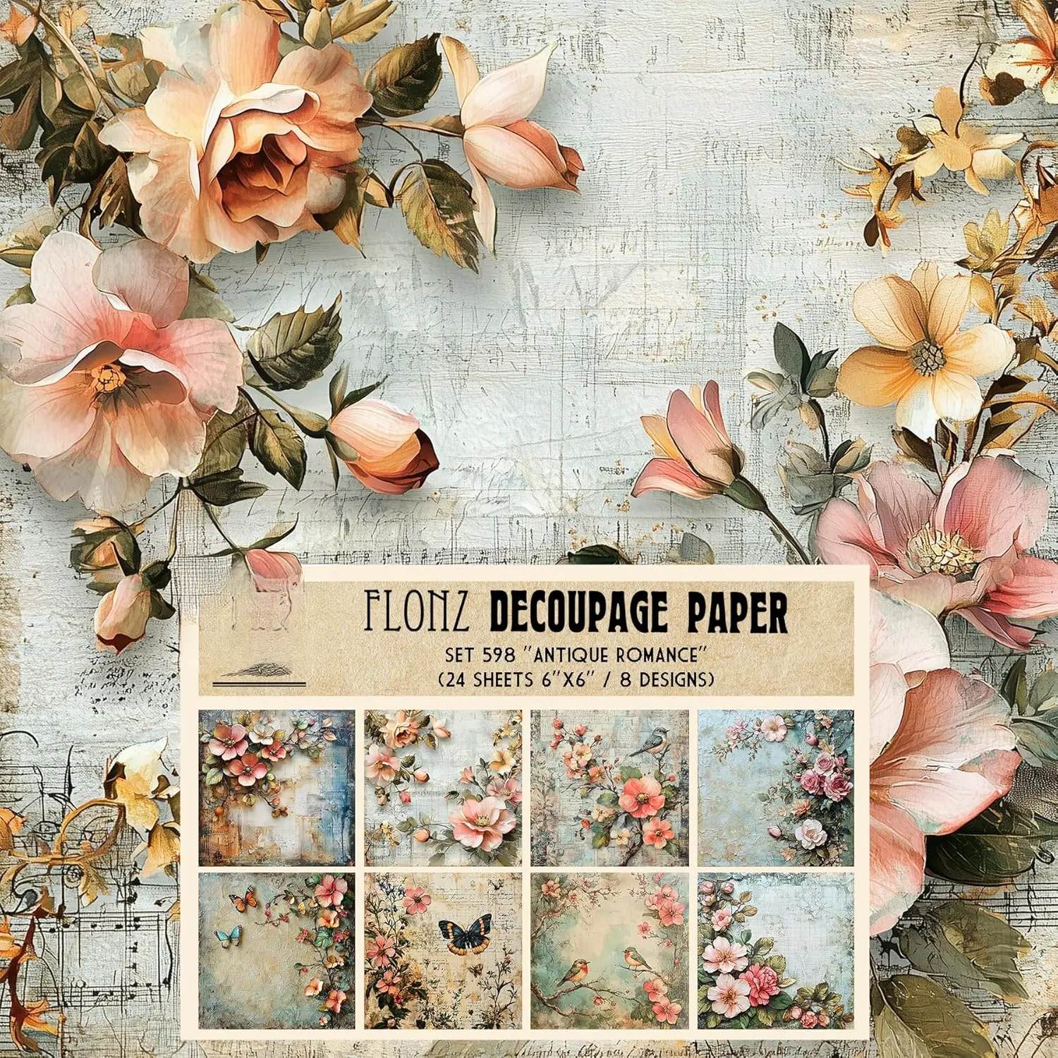 Decoupage Paper Pack (24 Sheets 6"x6") Antique Romance: Delicate Pastel Florals and Textured Backdrops for Timeless Crafting Projects #  Styled Paper for Craft and Scrapbooking