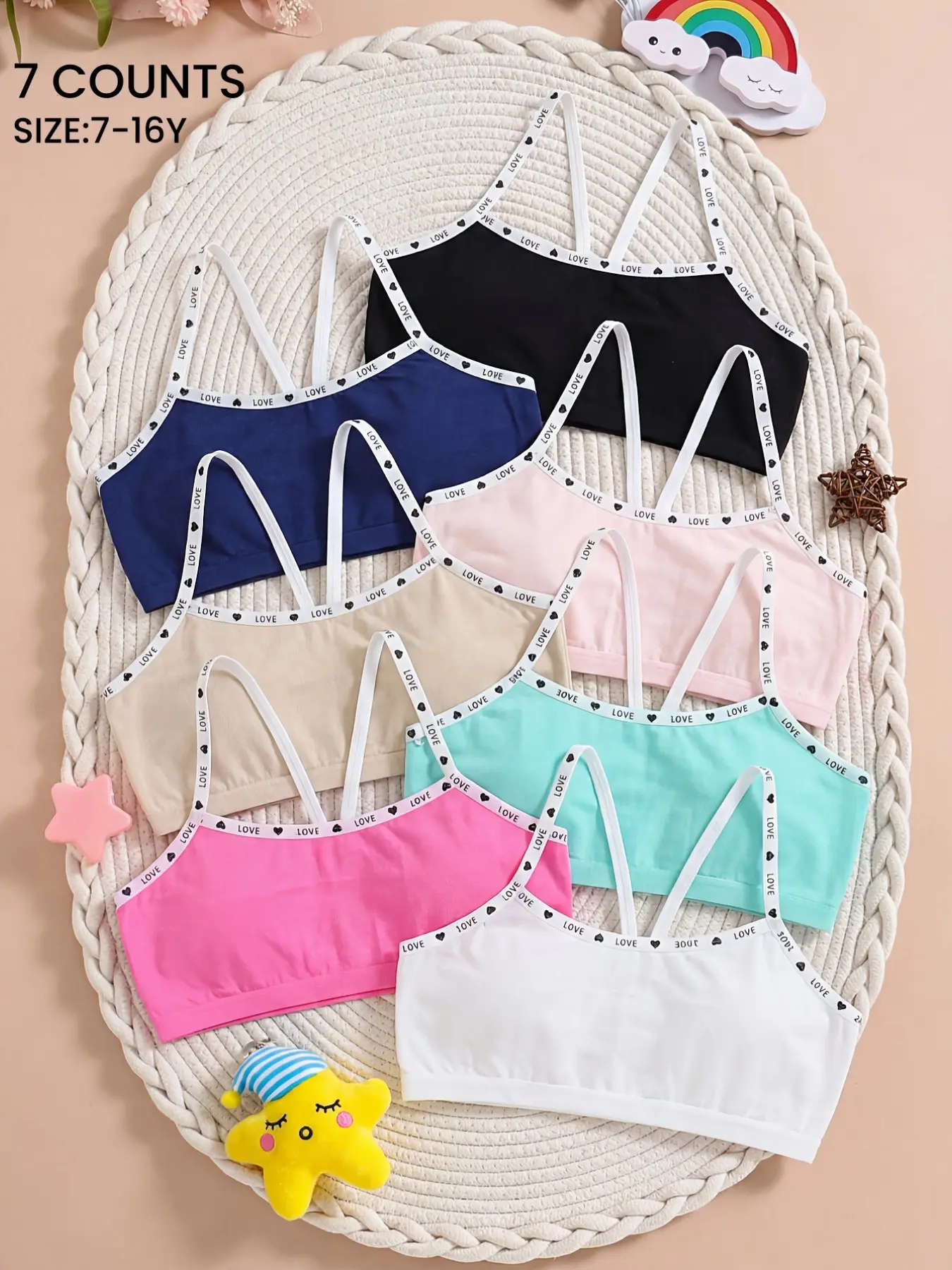 7-Piece Set Letter Print Cute Girls Tween Bras Bralette 7-16 Years, Seamless Breathable Single Layer Bras, Casual Sports Student Underwear, Youth Underwear