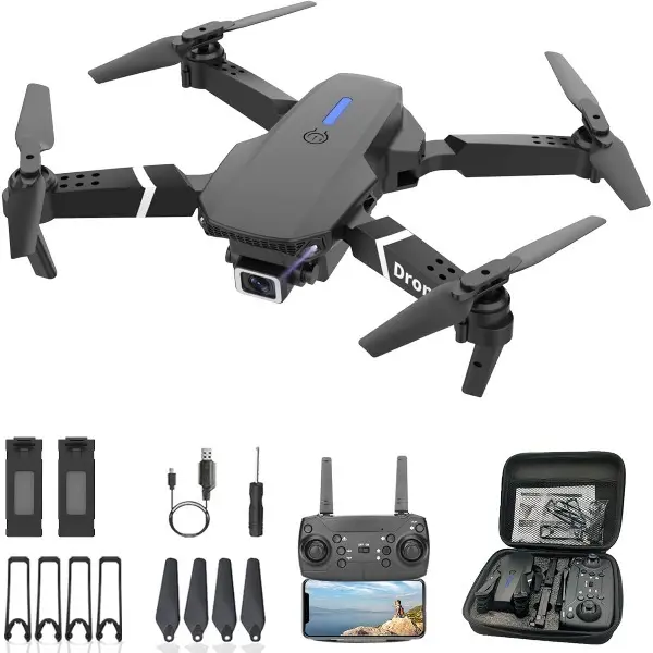 E88 Foldable Drone Dual Cameras Dual Batteries Adult Design Remote Control Quadcopter WiFi First Person View Real Time Video Altitude Hold One Key Takeoff Waypoint Flight Headless Mode 360 Rotation