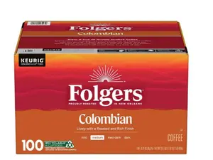 Folgers Colombian Medium Roast K-Cup Coffee Pods 100 Count Recyclable USA Roasted in New Orleans