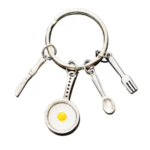 Fried Egg Skillet Spoon Knife Fork Charms Miniature Food Keychain Cook Gift