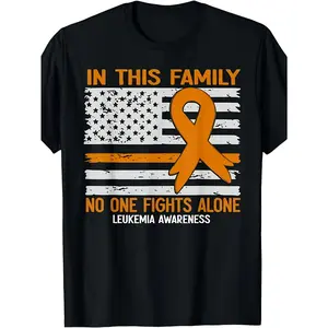 [100% Cotton] 100% Cotton Men's & Women's Leukemia Awareness T-Shirt - Heavyweight Retro Tee with Orange Ribbon & "In This Family No One Fights Alone" Slogan, Suitable for - Casual Wear, Apparel for, Hand Washable, PLUS SIZE