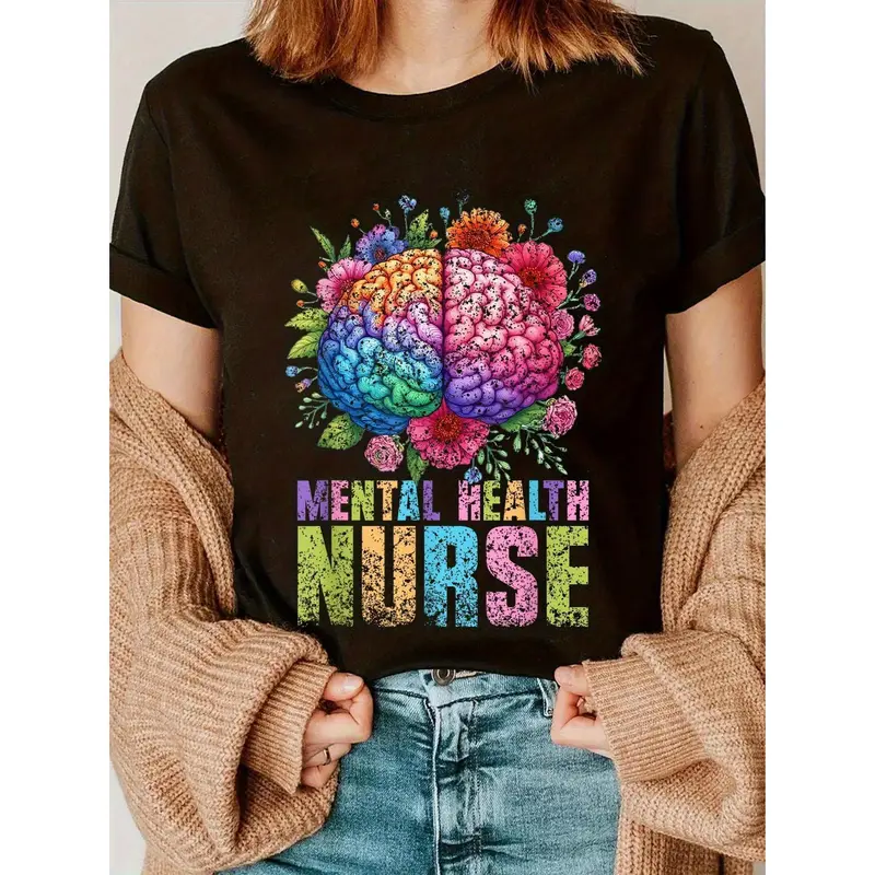 Women's Black Short Sleeve Crew Neck T-Shirt 100% Cotton Mental Health Nurse Floral Brain Design Distressed Style Graphic Tee