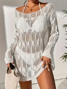 Women's Beach Hollow Out Knit Sweater, Thin Summer Bikini Cover-Up, Sexy Transparent Swimsuit Top, Swimwear Cover Up, Beach Cover Ups, Casual Fashion Apparel
