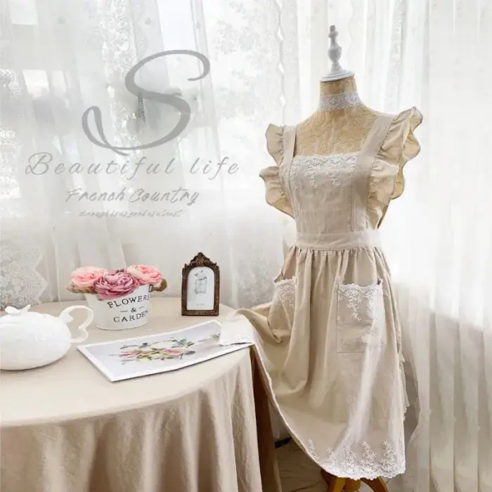 Cute Cotton Kitchen Apron Dress for Women with Large Pockets, One Size Fits All, Perfect for Cooking Baking Painting Gardening Cleaning, Soft and Comfortable Beige Apron