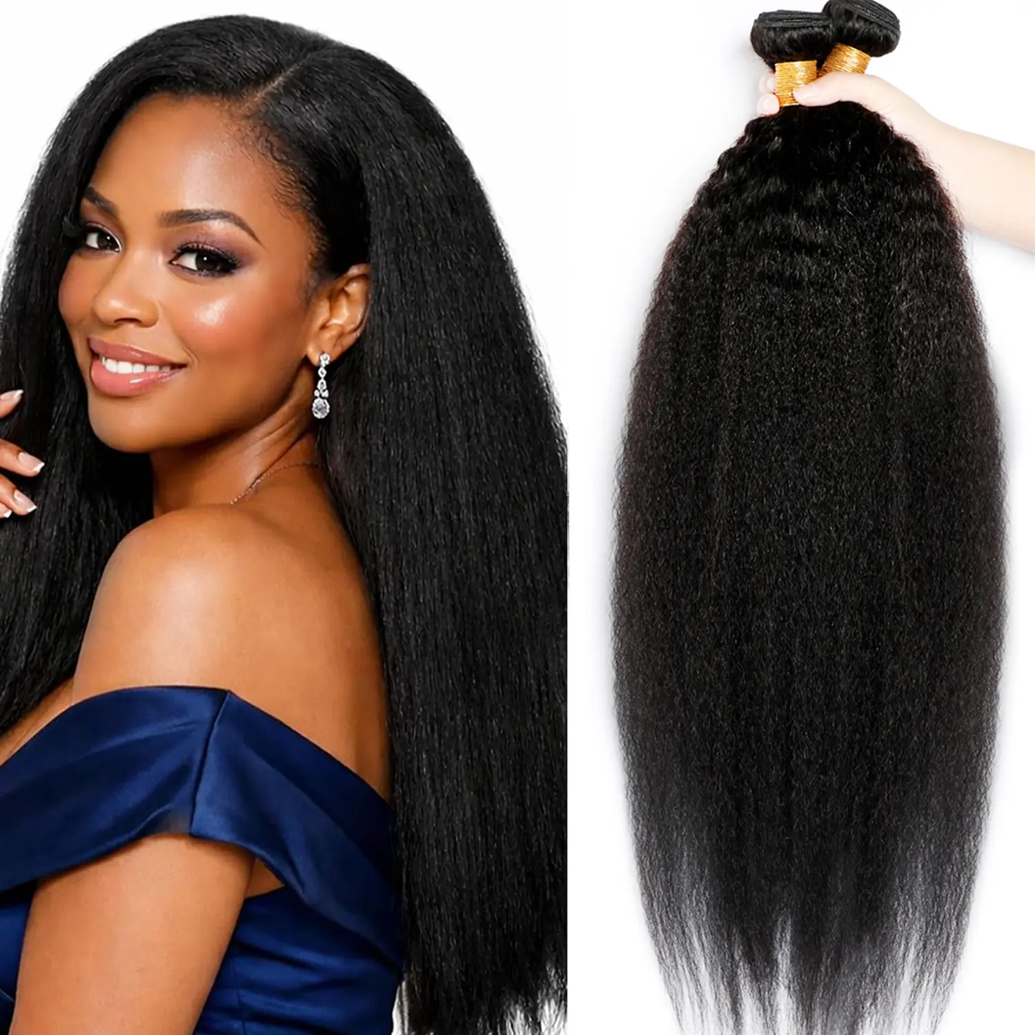 Megeen Hair Yaki Straight Bundles Human Hair 100% Remy Human Hair Bundles 1/3/4 Bundles Deals Human Hair Extensions 12A Kinky Straight Human Hair Bundles for Women Natural Color Human Hair Weft Extensions