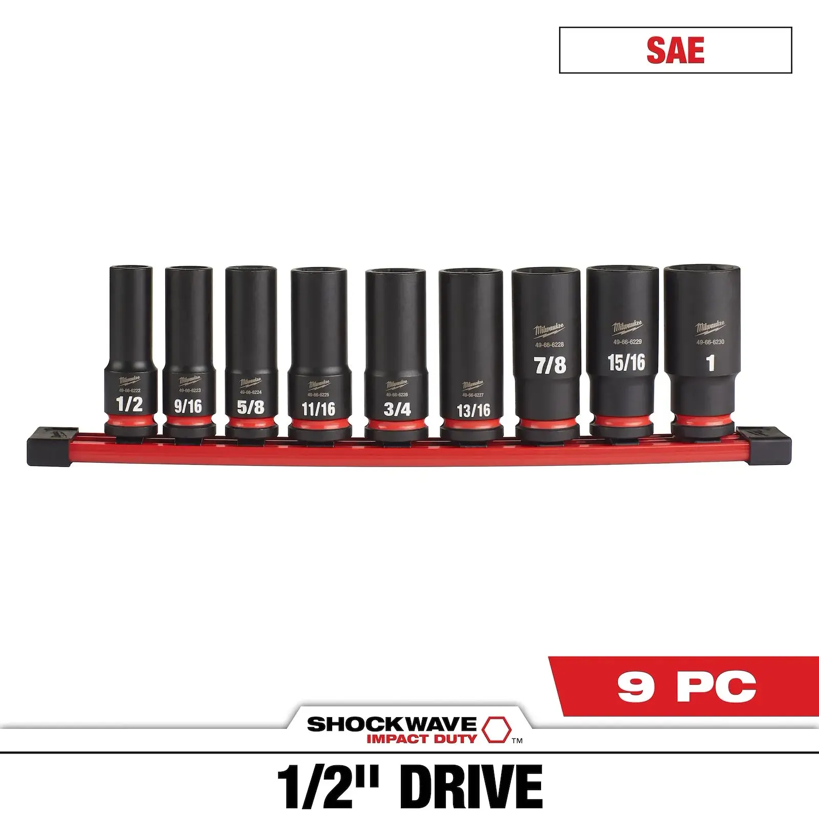 Milwaukee 49-66-7022 9PC Impact Duty 1/2" Drive SAE Deep 6 Point Socket Set