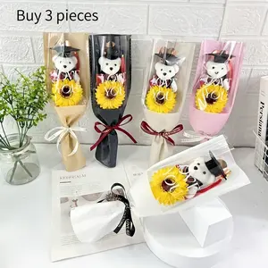 3pc Golden Heart Wrapped Teddy Bear with Graduation Cap Bouquet, Artificial Sunflower Bouquet, a Gift for Friends, Classmates, or Girlfriends during Graduation Season