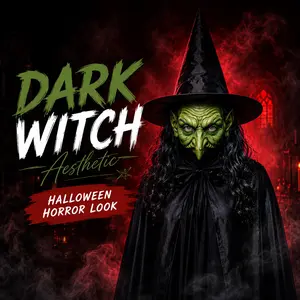 Halloween Witch Costume Set for Adults, Scary Witch Mask, Cloak & Witch Hat, Horror Cosplay for Halloween Party