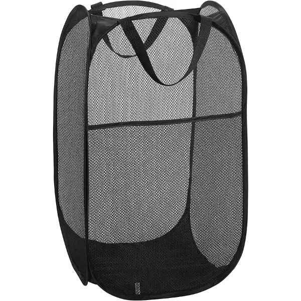 Black Polyester Mesh Popup Laundry Basket - 14x14x23in Square, Portable, Collapsible Space-Saving Open Storage, Strong Mesh, Durable Carbon Steel Handles, Easy to Open, Ideal for Kid Room, College Dorm