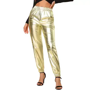 INSPIRE CHIC Women's Metallic Shiny Sparkle Elastic Waist Pants Gold X-Large