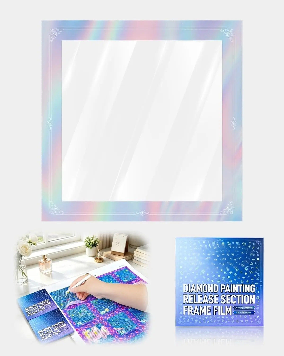 Reusable Diamond Art Release Film 30 PCS Pink Donut | Non-stick release paper for diamond painting. 10×10cm reusable sheets help section artwork easily and keep workspace clean