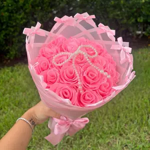 Eternal Coquette Flower Bouquet (18 ct) - Pink Sparkle Handmade Ribbon Roses with Pearl Decor