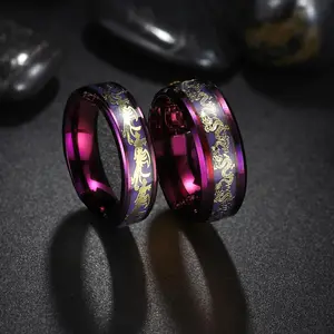 Fashion Purple Dragon Phoenix Stainless Steel Couple Rings Inlay Purple Carbon Fiber Rings For Men Women Wedding Party Jewelry