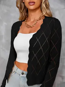 Tinya Women's Knitted Pure Color Casual Long Sleeved Diamond Shaped Hollow Cardigan Curved Lightweight Knitwear cardigan Womenswear