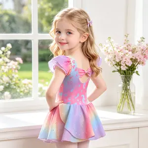 Girls Rainbow Leopard Print Ballet Leotard Tutu Dress | Bow Back Ruffle Sleeve Dancewear for Toddler Recital
