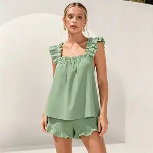 Women's 2-Piece Y2k Loungewear Set, Cute Ruffle Soft Tank Top & Shorts, Basic Casual Lady Bridal Sleepwear, TFNOSIZE Summervibes Sleep Set, Pajama Set, Pyjamas
