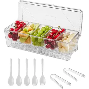 Ice Chilled Condiment Caddy,Stackable Chilled Condiment Containers,Serving Platters with Lid and 5 Removable Compartments,Set of 5 Serving Spoons & 2 Clips (1pack)
