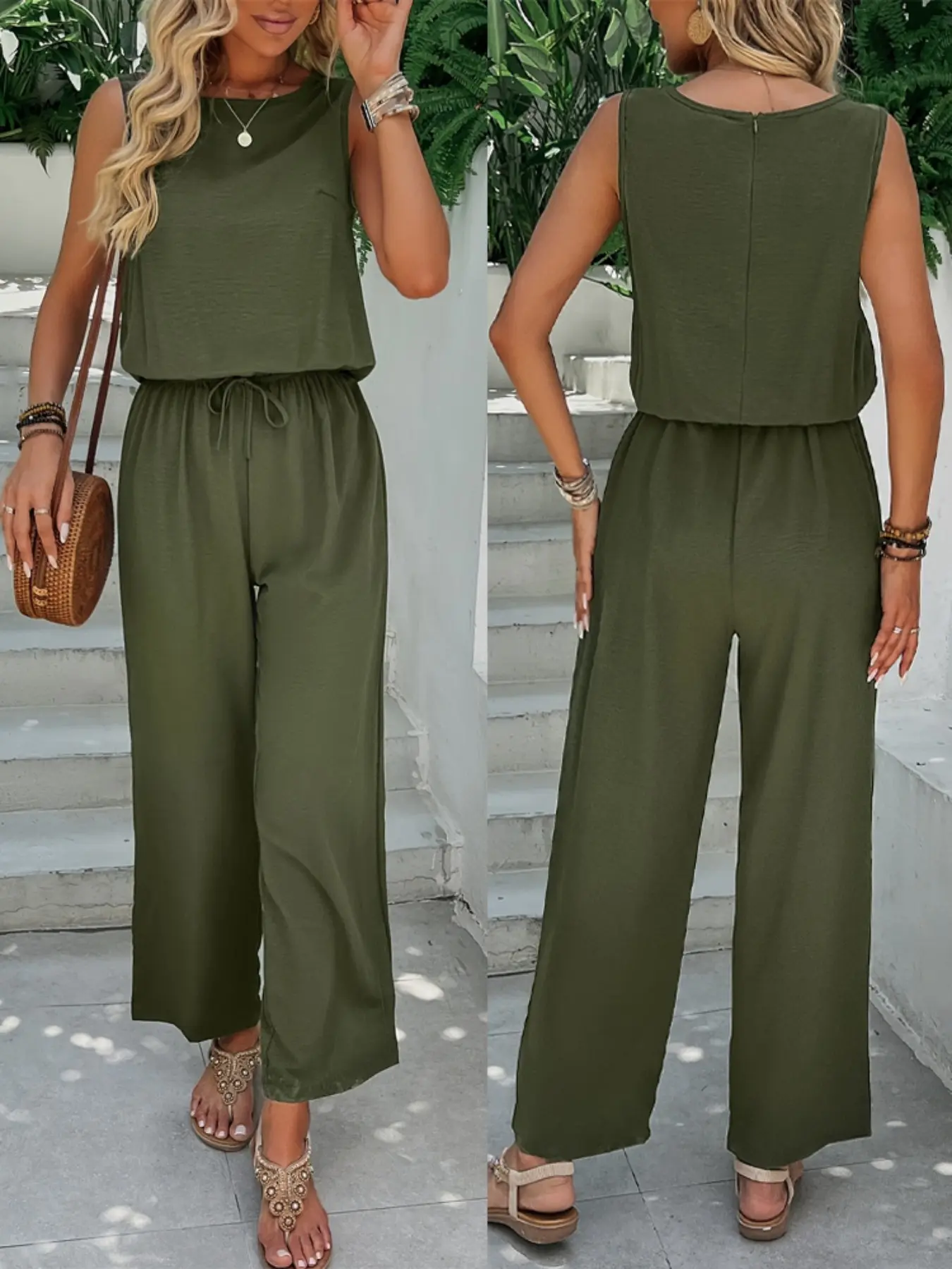 Olive Sleeveless Adjustable Casual Comfy Romper Jumpsuit with Drawstring Waist, Casual Loose Wide Leg Design for Daily Wear and Vacation, Comfortable Stylish Minimalist, Day, Drawstring Waist Jumpsuits, Womenswear