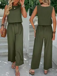 Olive Sleeveless Jumpsuit with Adjustable Drawstring Waist, Casual Loose Wide Leg Design for Daily Wear and Vacation, Comfortable Stylish