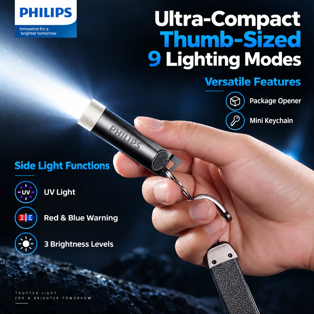 Philips Mini EDC Keychain Flashlight, USB-C Rechargeable Pocket Light with UV, Red & Blue Side Lights, Up to 100 m Beam for Camping & Trave
