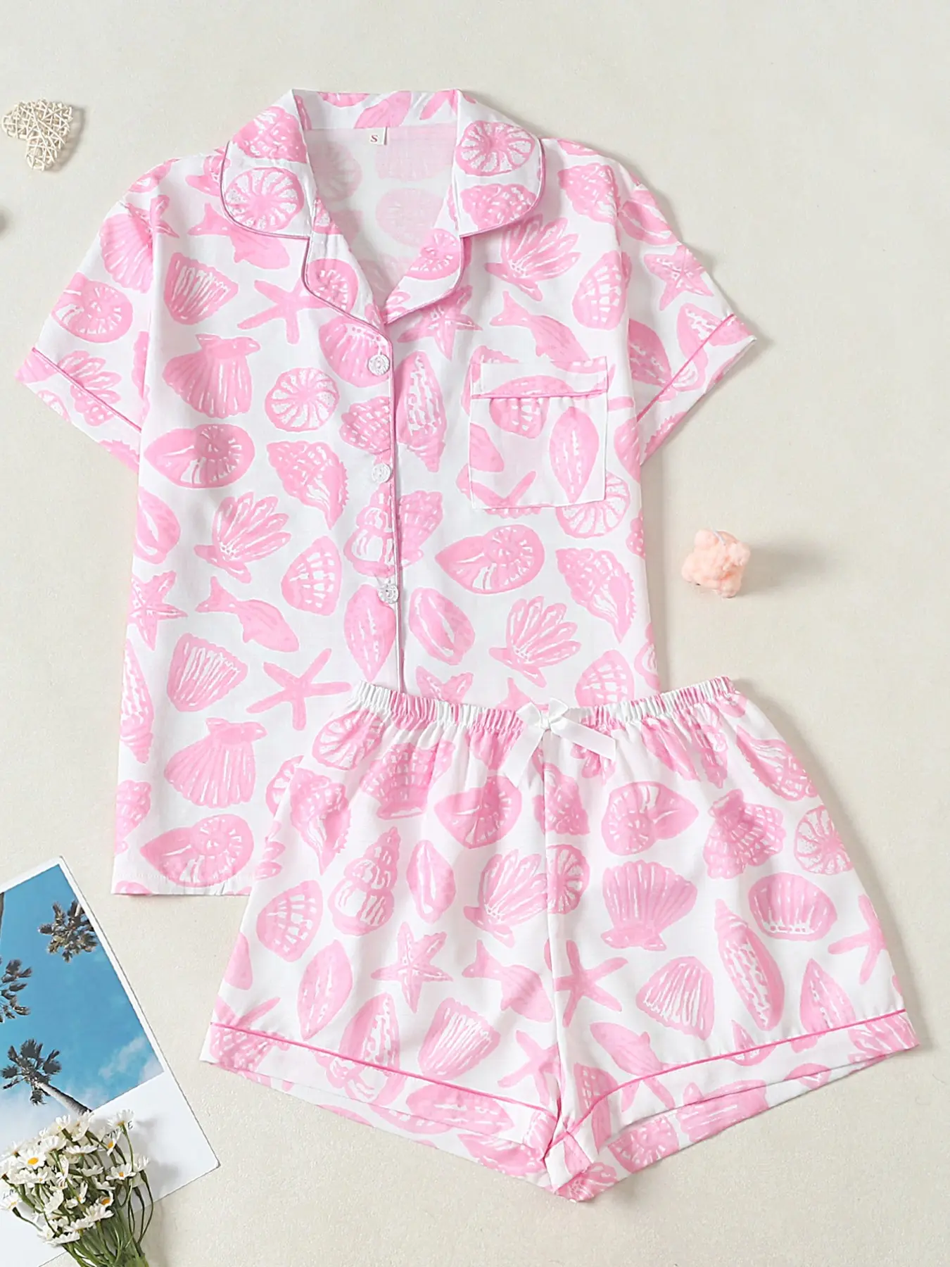 Women's Pajama Set Loungewear Nightwear Pjs, Shell Starfish Print, Short Sleeve Button-Down Shirt & Elastic Waist Shorts, Casual Comfort, All Seasons