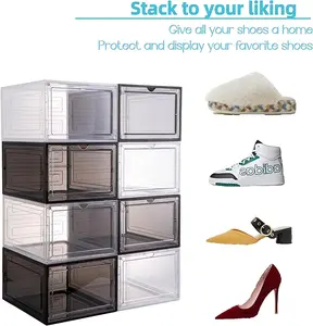 Shoe Organizer Shoe Storage Boxes, 6 Pack Large Drop Front Shoe Boxes with Magnetic Door, Clear Plastic Stackable Shoe Containers (Clear White)