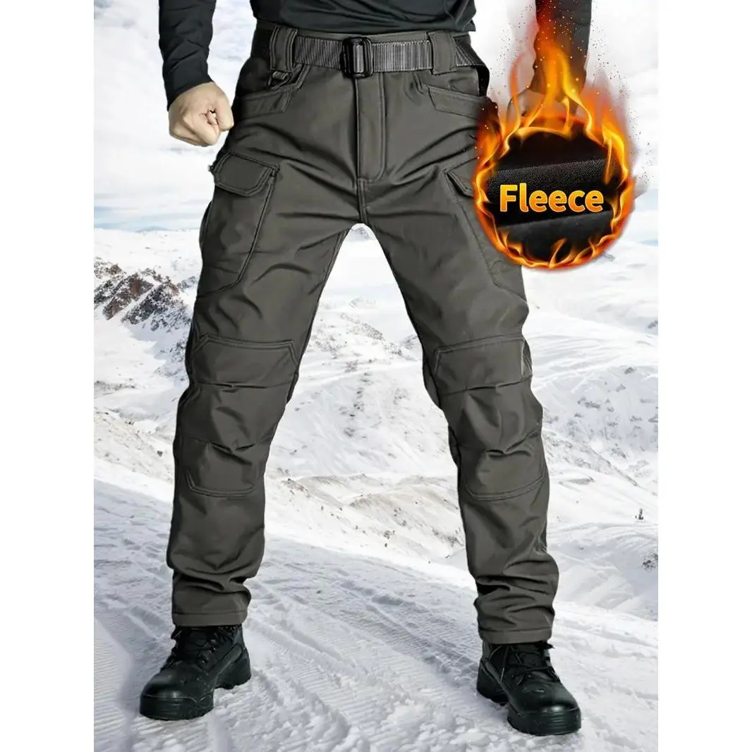 HOMUG Windproof Warm Men's Outdoor Military Tactical Pants | Soft Shell Fleece Lined, Solid Color, Sports Style, Regular Fit, Mid Waist, Woven Fabric, with Pockets, No Belt, Casual Weekend Wear, Autumn/Winter Season