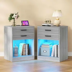 Sikaic LED Nightstands Set of 2, Night Stands for Bedrooms Set of 2, Nightstand with Charging Station and LED Lights, Bedside Table with Power Outlets & Drawers, Modern End Side Table