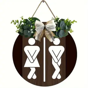 Women & Men Pattern Wooden Toilet Sign, Bathroom Sign, 1 Count Welcome Toilet Wooden Door Sign, Home Decor for Spring & Summer Outdoor Porch, Room Decor, Rustic Design