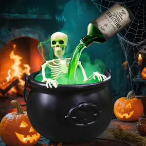 Halloween Decorations - Cauldron Halloween Decor with Magic Floating Potion Bottles Fog Diffuser Spooky Skeletons & Black Plastic Witches Bowl for Indoor Outdoor Party/Table/Mantel/Kitchen Decor Black