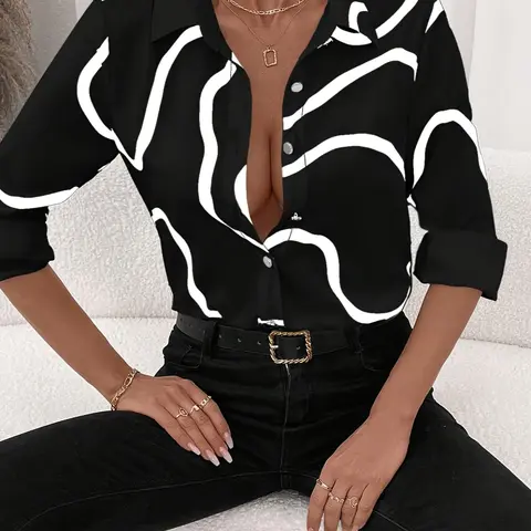 Classic Women's Long Sleeve Printed Casual Shirt Blouse, Line Pattern, Fashion Versatile Top for Daily Wear