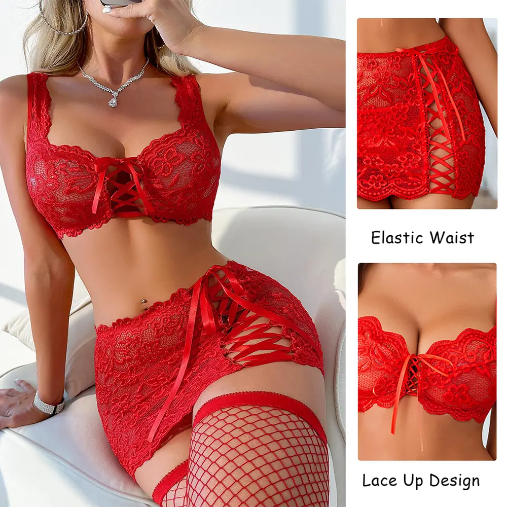 Valentine's Day Gift Women's 4-Piece Sexy Lingerie Set Sheer Lace Floral  Strappy Bra & Mini Skirt with Stockings Briefs Paired Micro-Stretch Fabric  for Everyday Wear Womenswear - TikTok Shop