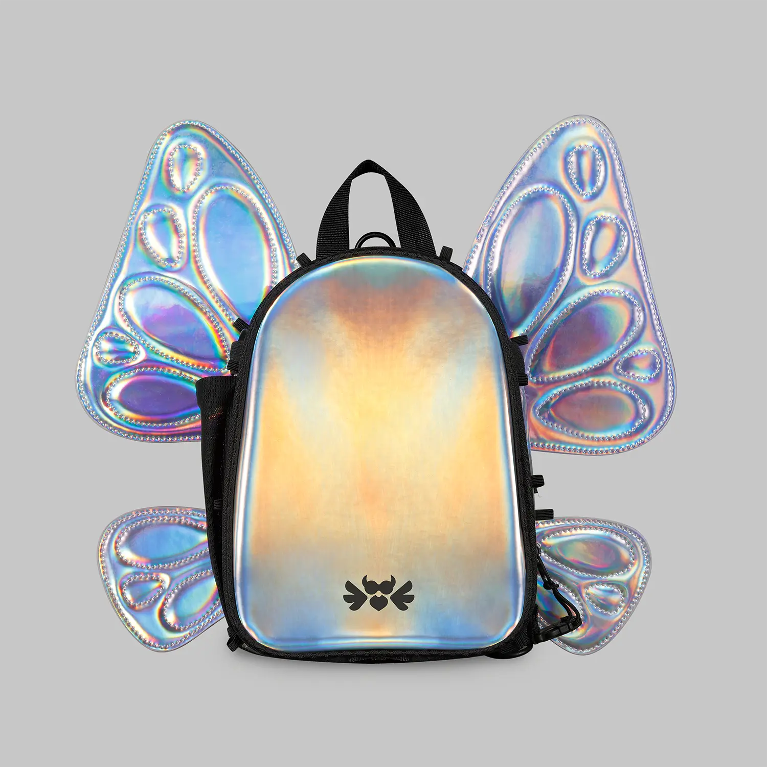 RaveBeetle FLOWt Hydration Festival Pack – Swappable Wing Rave Backpack with 8oz Soft Water Bottle & Light Accessory (Holographic Silver)