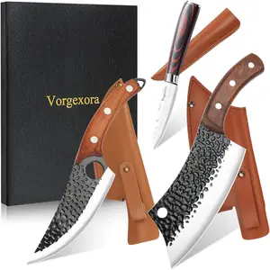 3PCS Butcher Chef Knife Set for Kitchen Meat Cleaver & Paring Knife Hand Forged High Carbon Steel Knives with Sheath for Home Cooking Outdoor Camping BBQ Gift Idea for Men