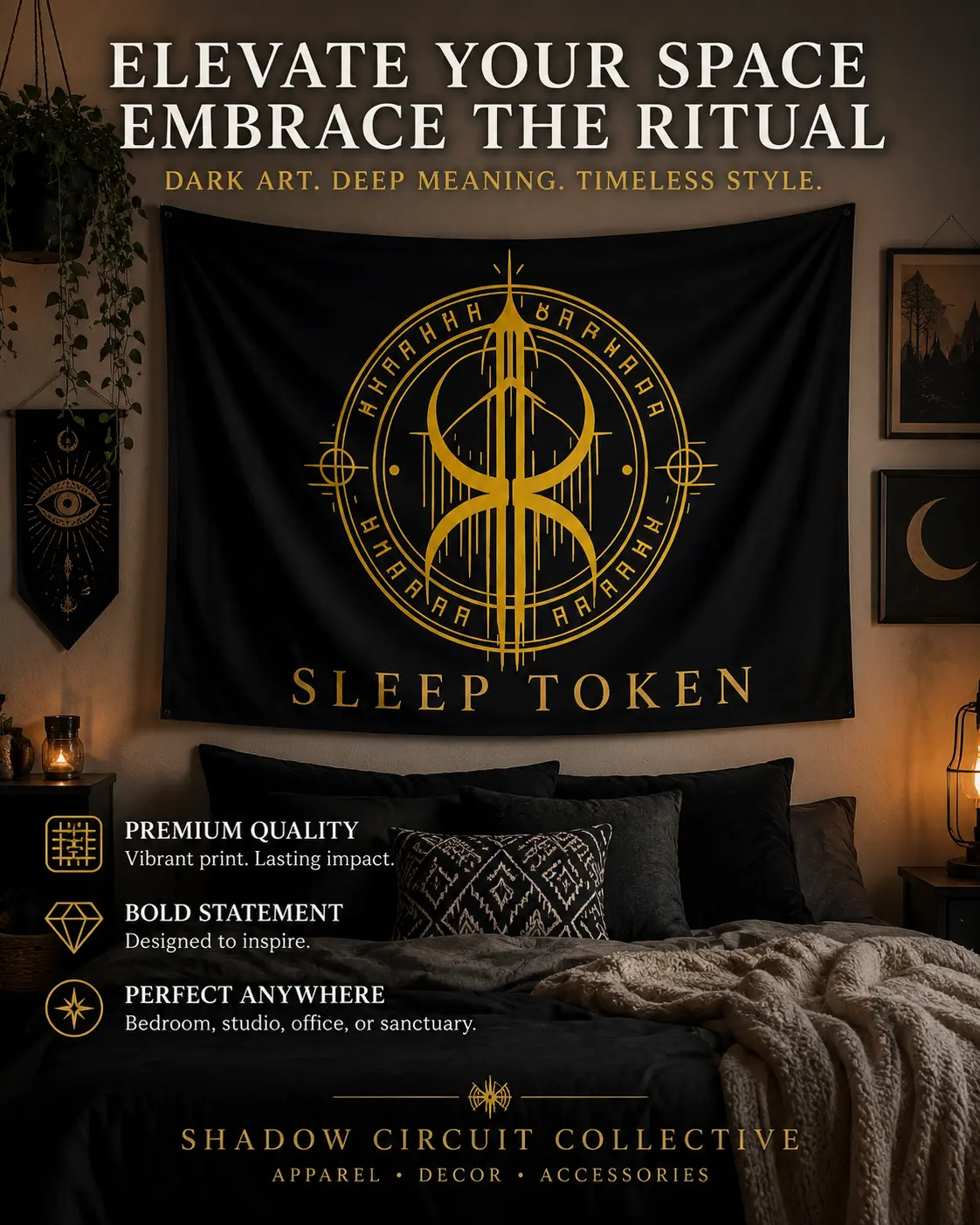 Sleep Token Symbol Indoor Wall Tapestry | Band Logo, Gold on Black