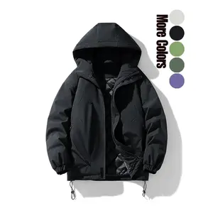 Men's Solid Pocket Drawstring Zip Up Hooded Jacket, Loose Casual Windproof Long Sleeve Outerwear for Fall & Winter, Men's Clothes for Outdoor Activities
