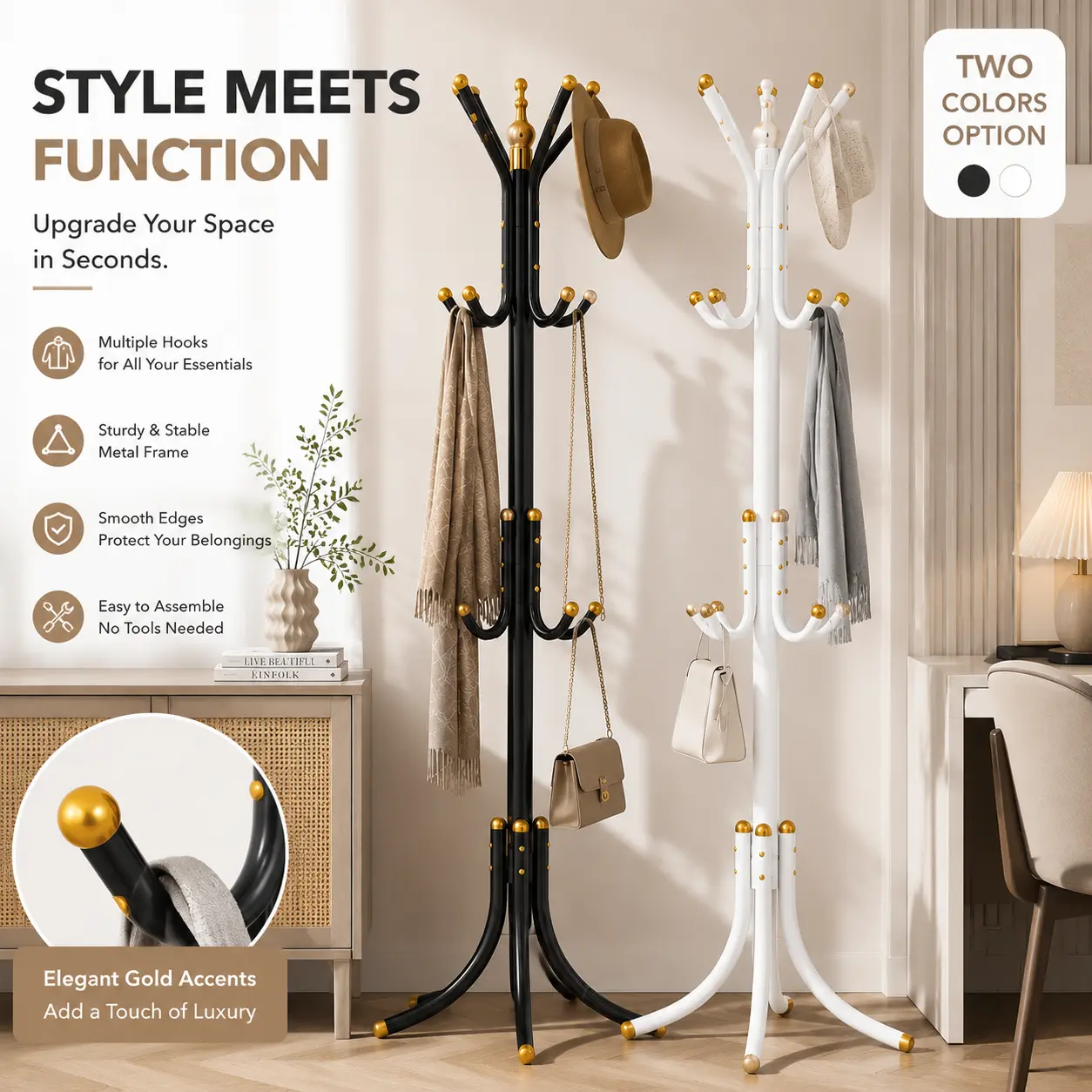 Durable Metal Coat Rack - Free Standing Home Organizer, Bag Rack for Entryway, Hallway - Storage Holder for Shirts, Hats, Coats, Scarves, Bags