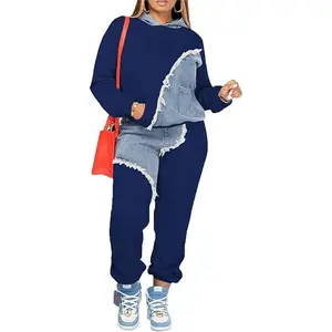 Women’s long-sleeve casual hooded sweatshirt and pants two-piece set with pockets, patchwork denim tracksuit clothing, black