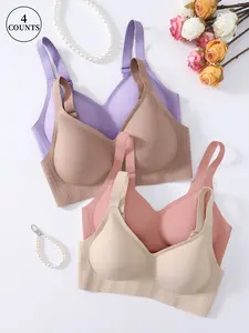 4Pcs Women's Deep V Bra, Comfortable No Underwire Design, Medium Support Everyday Bras, Plain Fitted Casual Style, All-Season Wear