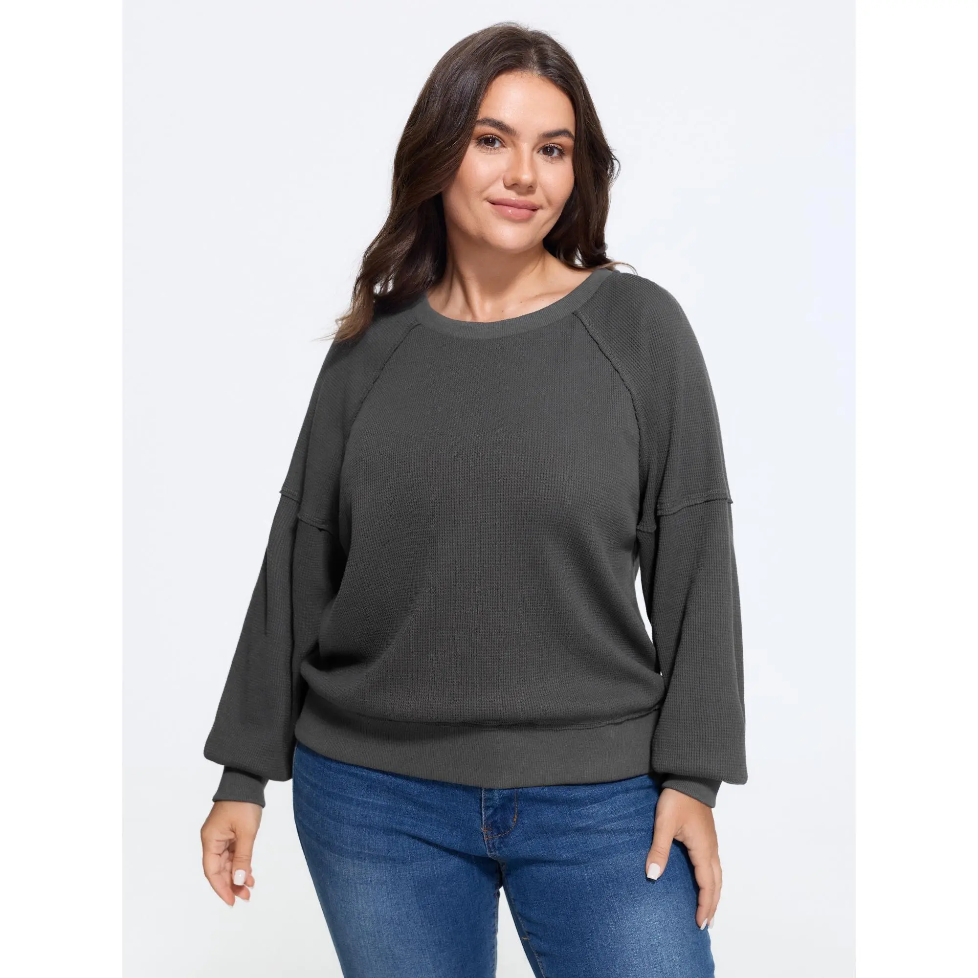 BLOOMCHIC Plus Size Waffle Knit Raglan Lantern Sleeve Crew Neck Sweatshirt[M-6X] 2026 Summerfinds