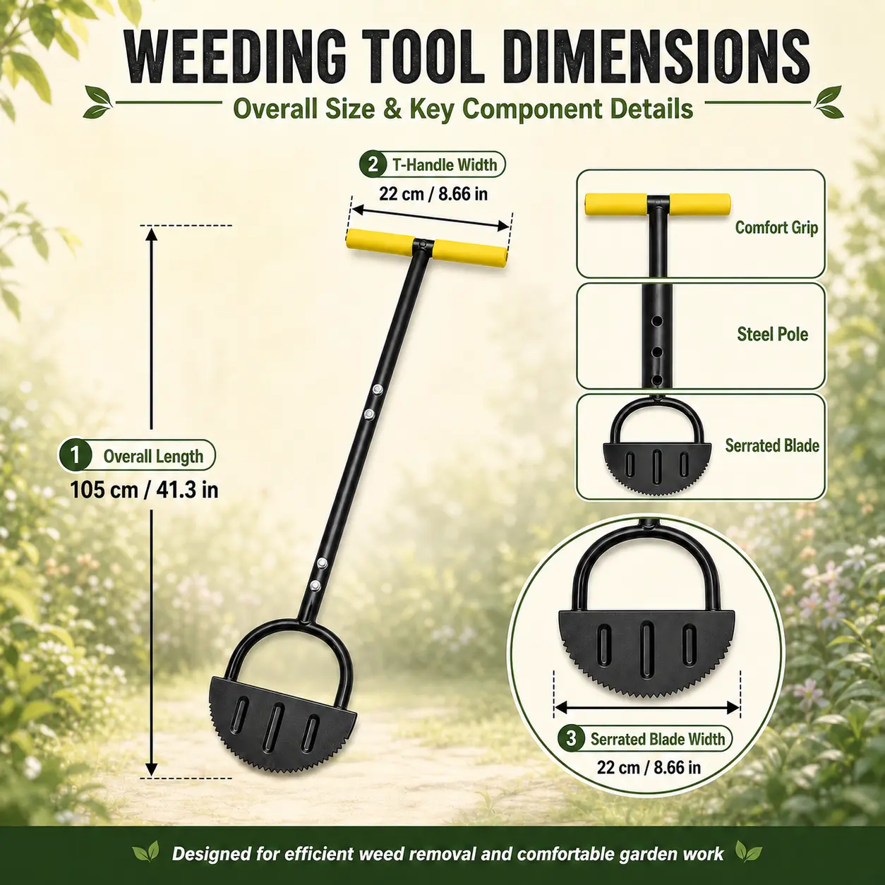 Manual Lawn Edger Tool - Heavy-Duty Alloy Steel Serrated Blade Grass Edger Trimmer, Detachable Long Handle with T-Grip, Portable Cutting Weed Removal Tool for Flower Beds, Lawns