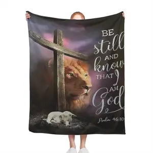 1pc 300GSM God and Lion Cross Blanket with Psalm 46:10 Scripture - Ultra-Soft Flannel Throw for Sofa, Bed, Camping & Office - Machine Washable, Anti-Pilling, All-Season Gift Blanket (30x40, 40x50, 50x