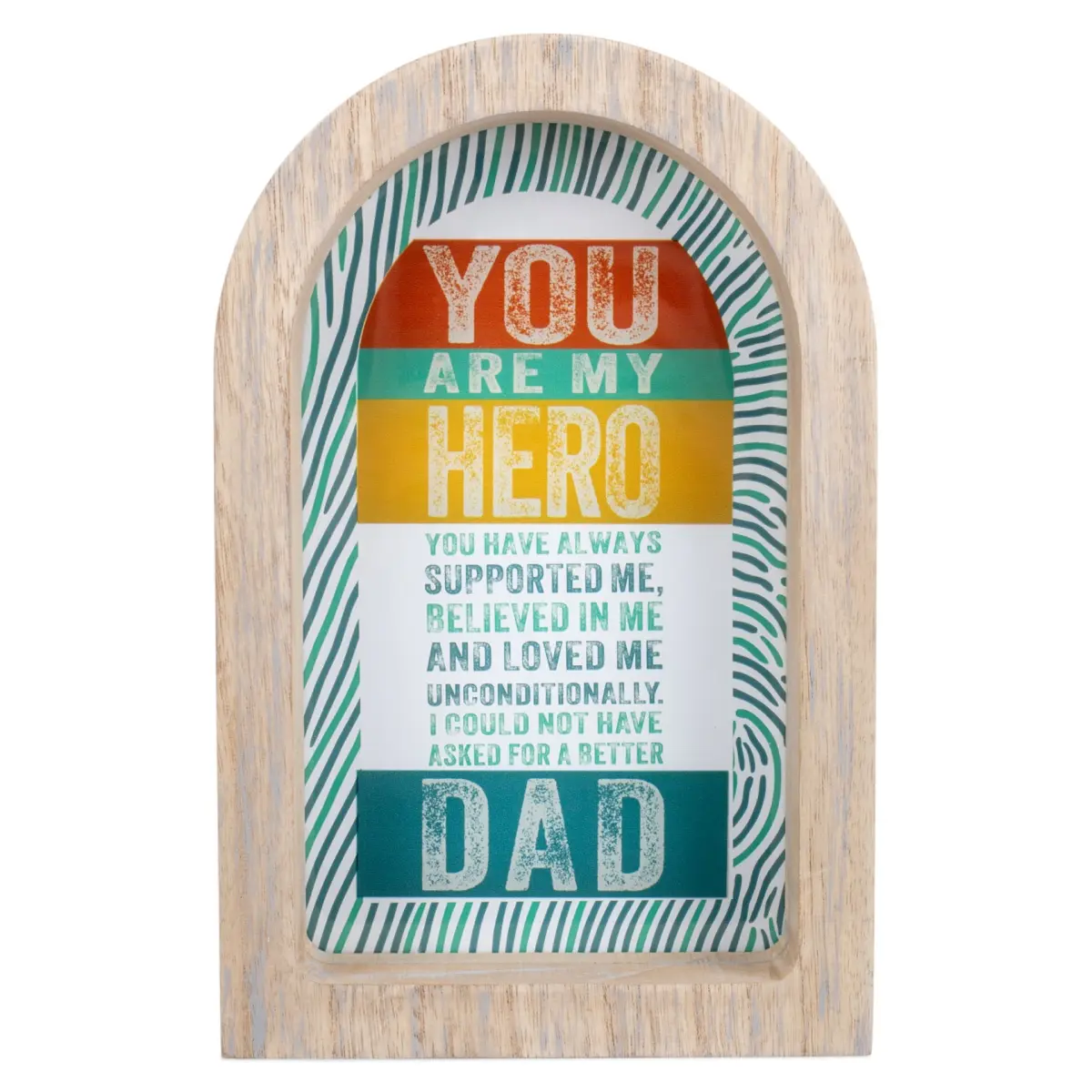 360 Stand Arch-Shape Photo Frame, 7x11 in Gray Wooden Border Design with Glass Front, Father Tribute "Dad My Hero" Print, 360-Degree Rotatable Stand & Wall Hanger Compatible, Wooden Home Sign Decor, Affirmational Quote Wall & Tabletop Frames, Tabletop Mou