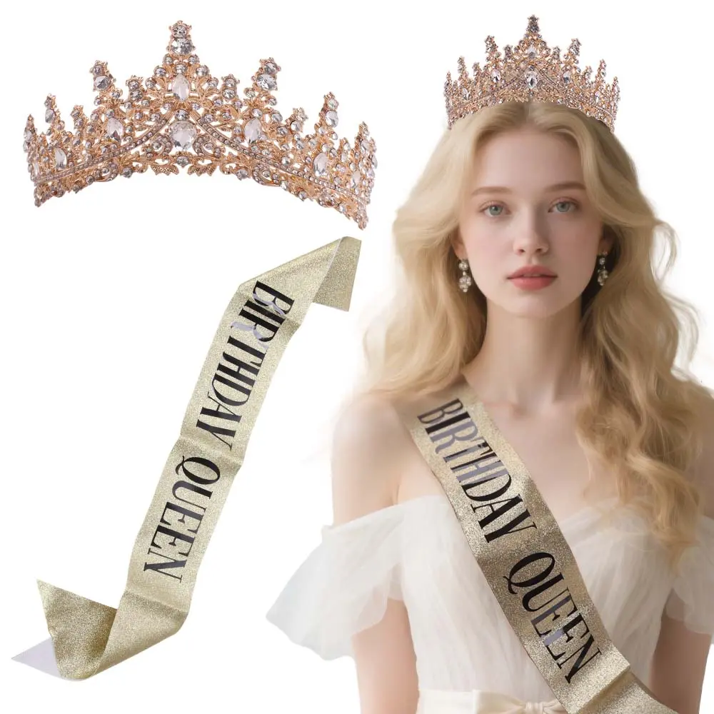 "BIRTHDAY QUEEN'' Birthday Sash for Women Tiaras for Girls Decorations Set Rhinestone Headband Hair Accessories Glitter Crown for Party Supplies