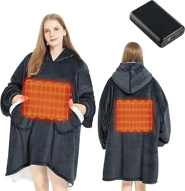 Homemate 7.4V Battery-Powered Heated Wearable Blanket Hoodie, Oversized Cordless Electric Shawl Robe for Adults, No Built-in Powerbank