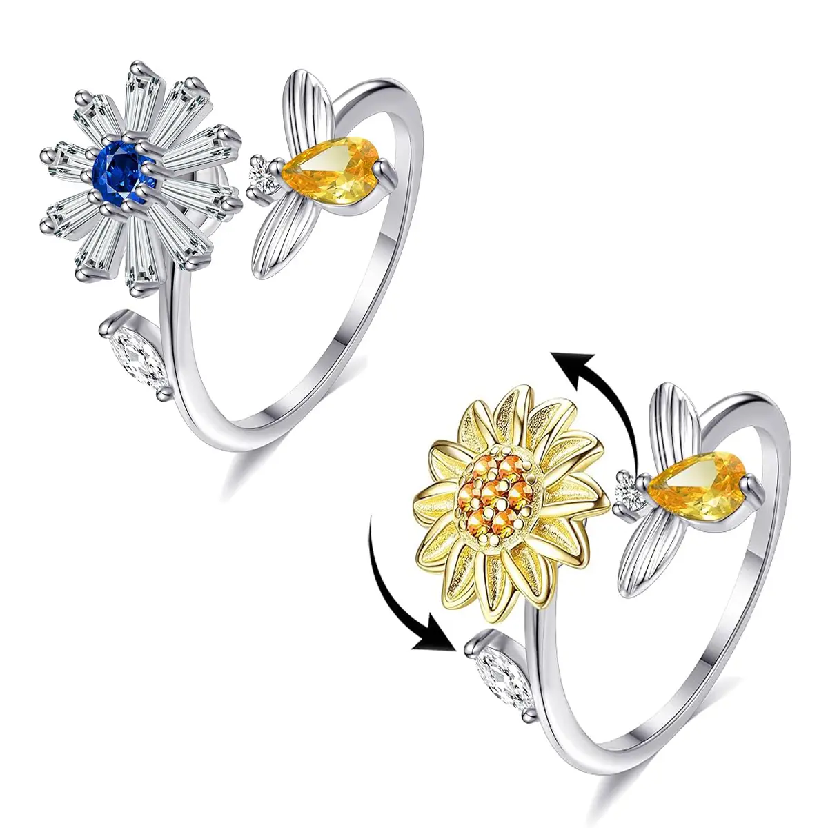 Women's 2-Piece Adjustable Stackable Sunflower Fidget Rings - 360-Degree Spin Function, Anxiety Relief Costume Jewelry Ring Set