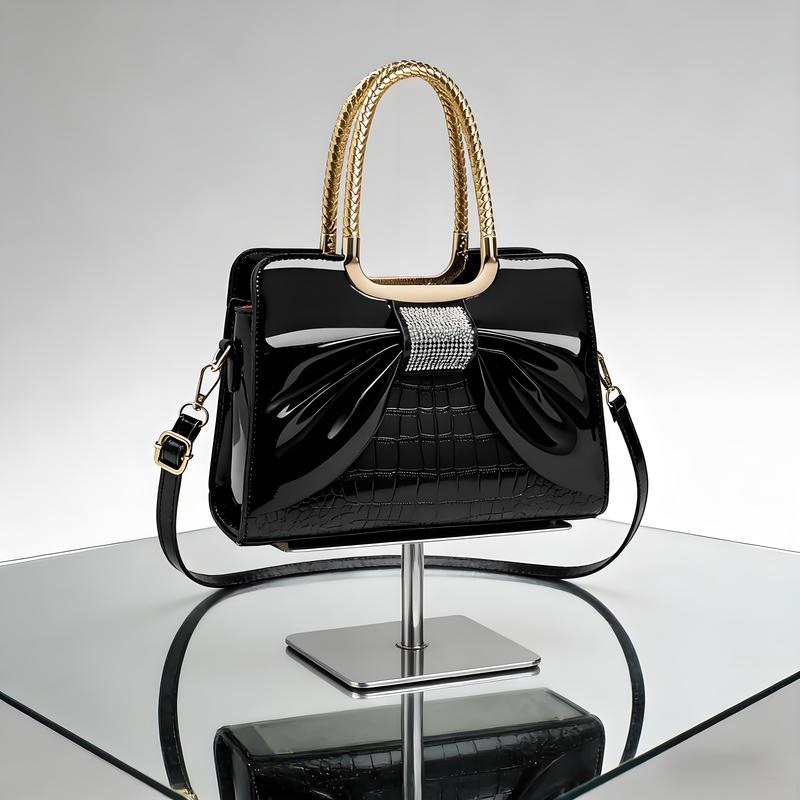 Elegant Temperament Women's Leather Bag-Crocodile Pattern & Bow Detail,3-In-1 Style (Shoulder + Simple Handbag + Classic Crossbody)