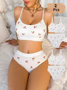 Women's Sweet Cherry Fruit Print Bra Set Bralette, No Steel Cup Adjustable Straps, Comfortable Breathable Everyday Underwear for All Seasons