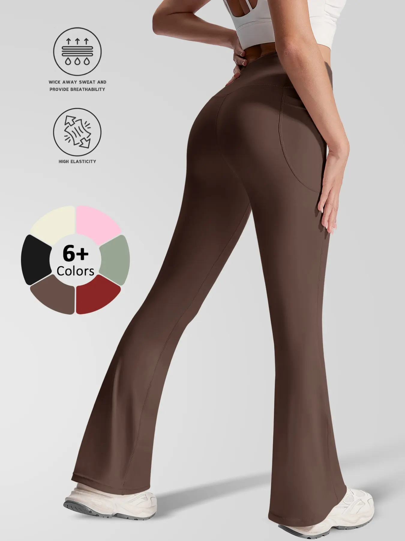 New Sporty Flared Trousers, High Waist Slim-Fit, Breathable Quick-Dry, Side Pockets, Yoga Running Gym Wear, All Seasons, High Waisted Sportswear, High Waist Activewear, Flared Yoga Bottoms